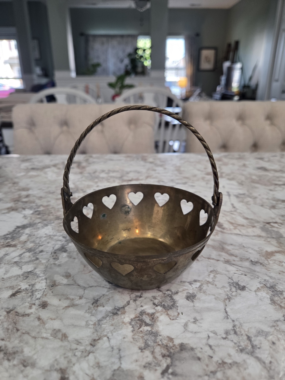 Vintage  Small Brass Basket With Open Hearts and Movable Handle Cottagecore